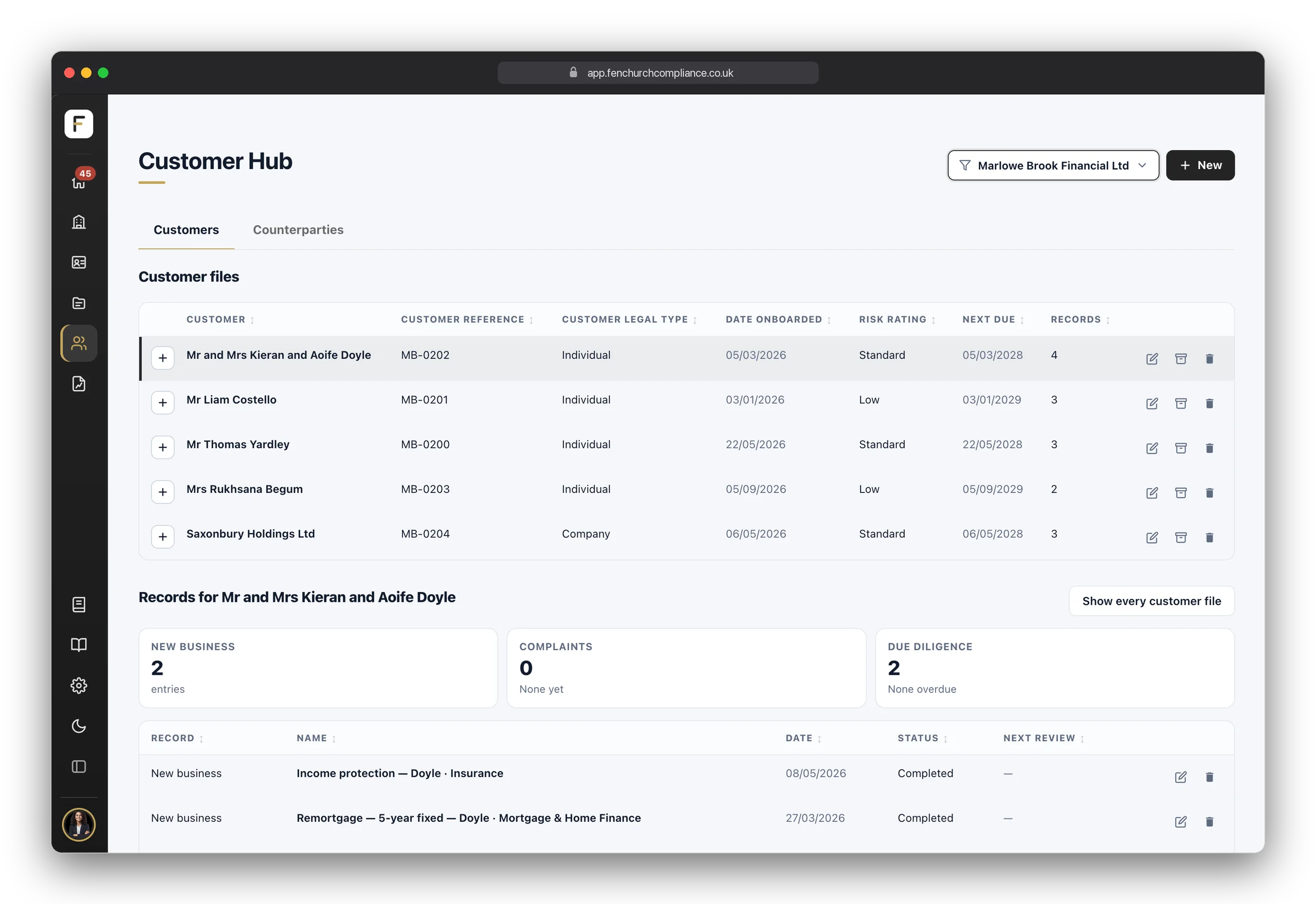 Customer Hub: the table of customer files and one customer's records below it, with its new business, complaints and due diligence