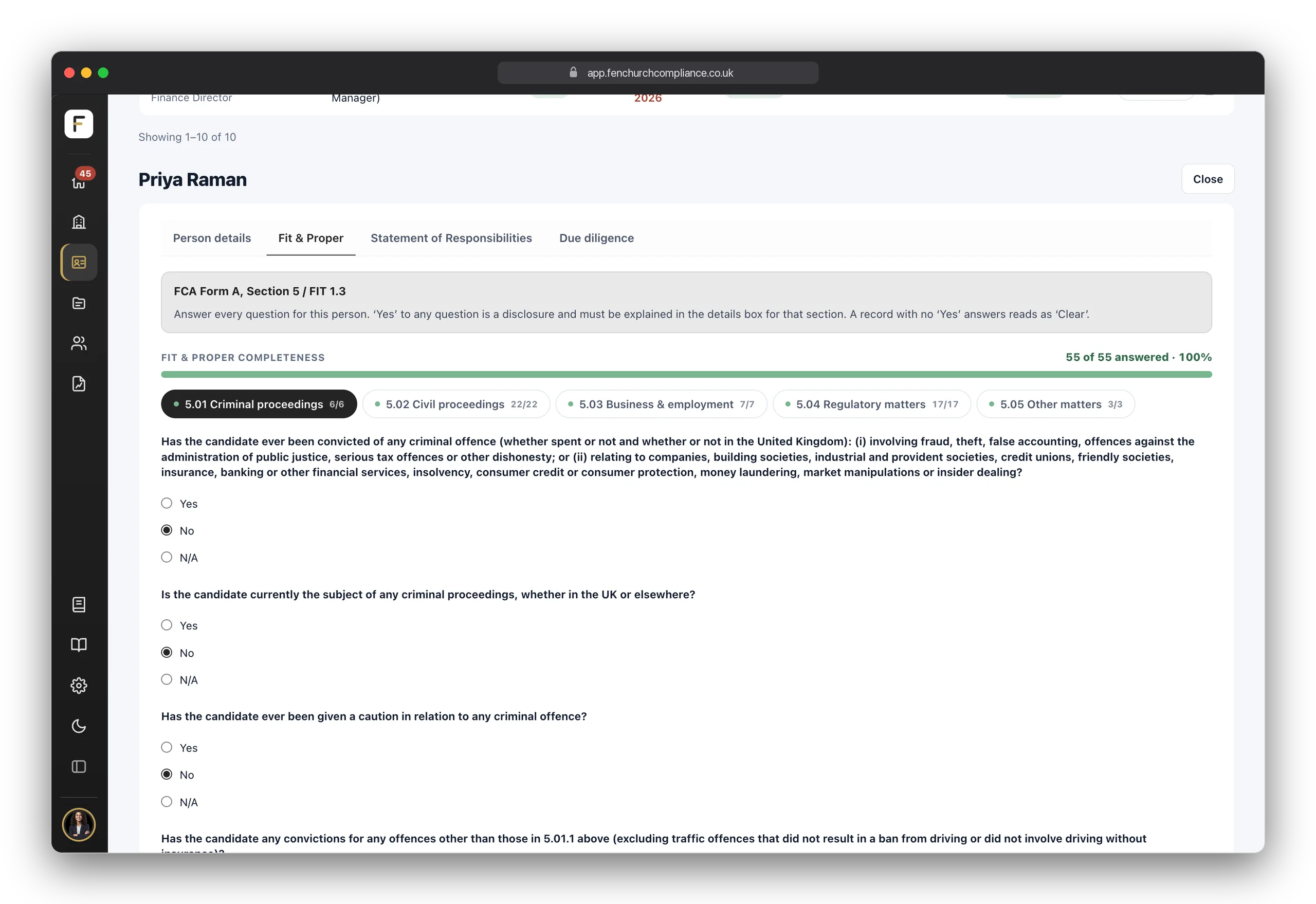 Fit & Proper assessment: the FCA Form A section 5 questions answered for one person, with a completeness bar