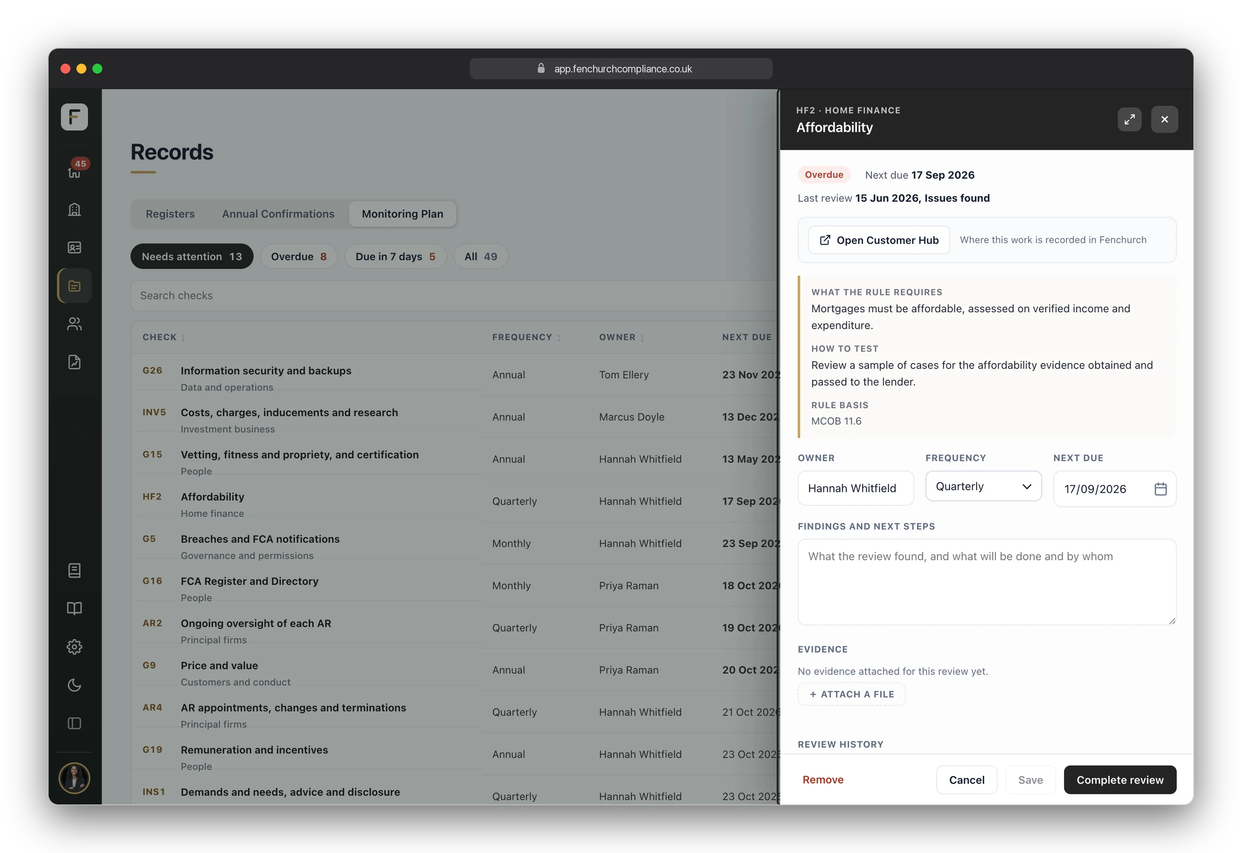 A monitoring check opened — what the rule requires, how to test it, its owner and frequency, and the findings of the review