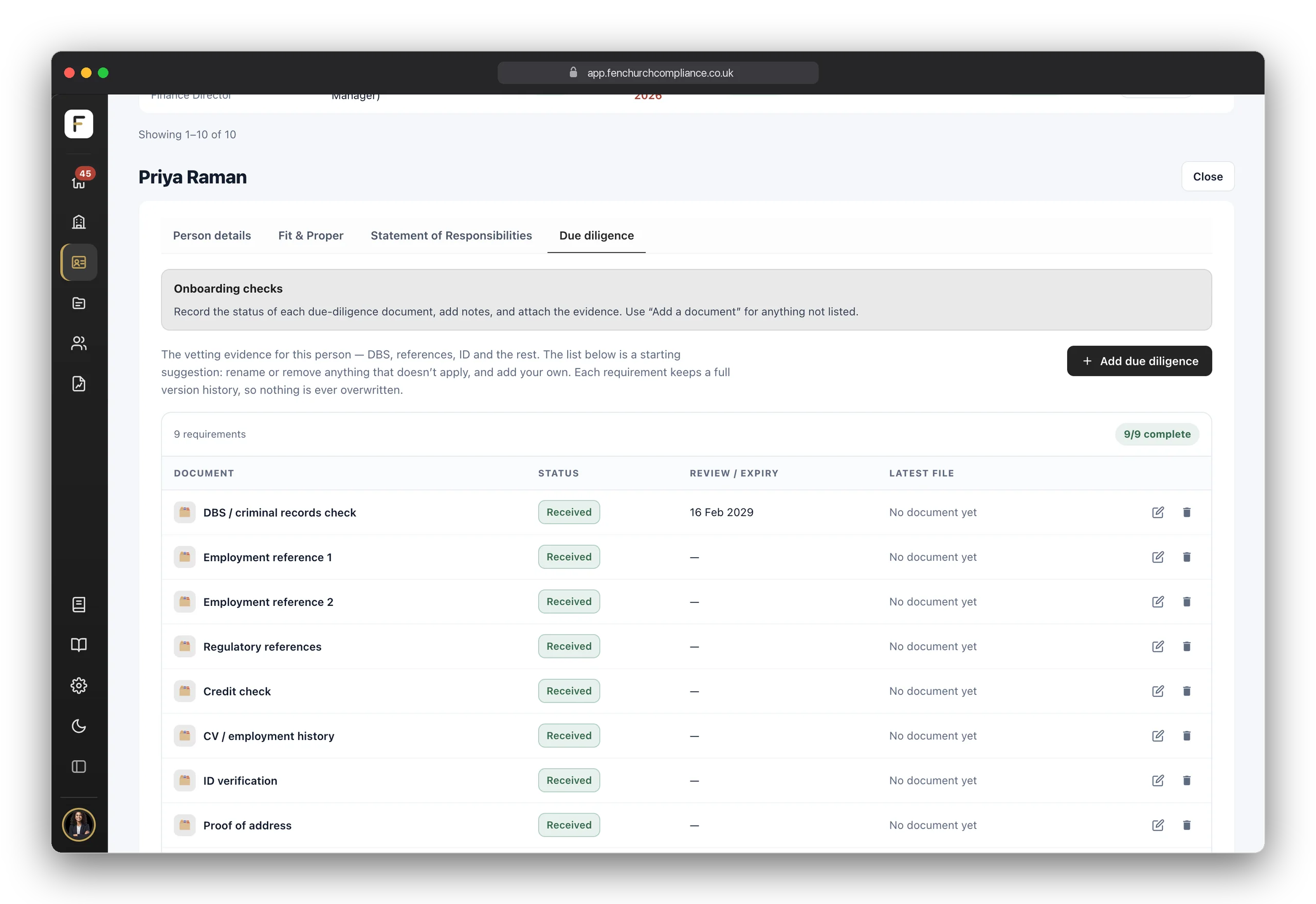 Onboarding due diligence per person — DBS, references, ID, credit check and Form A, each with a status, review date and document history