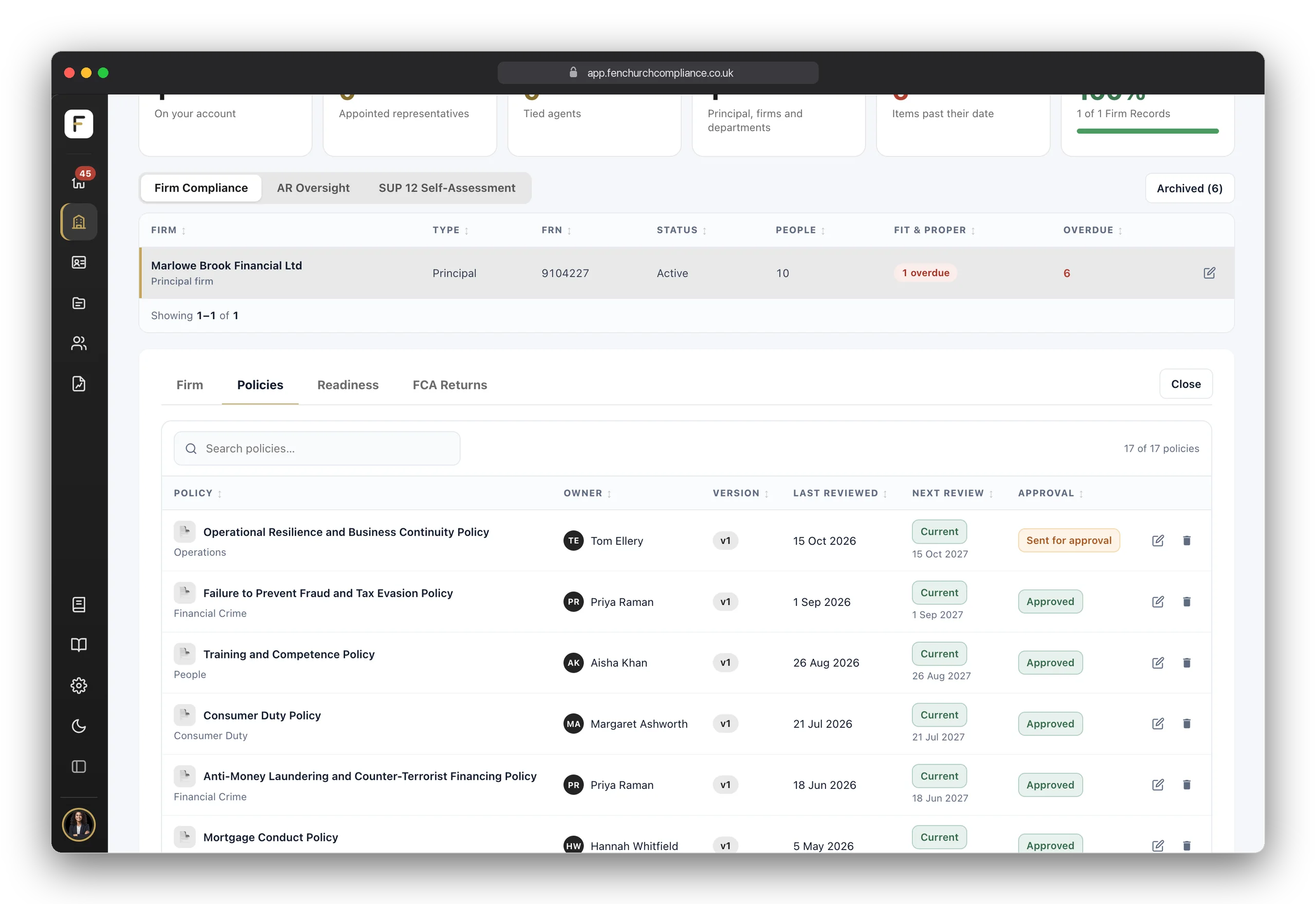 Policies: each policy with its owner, version, last review, next review and approval