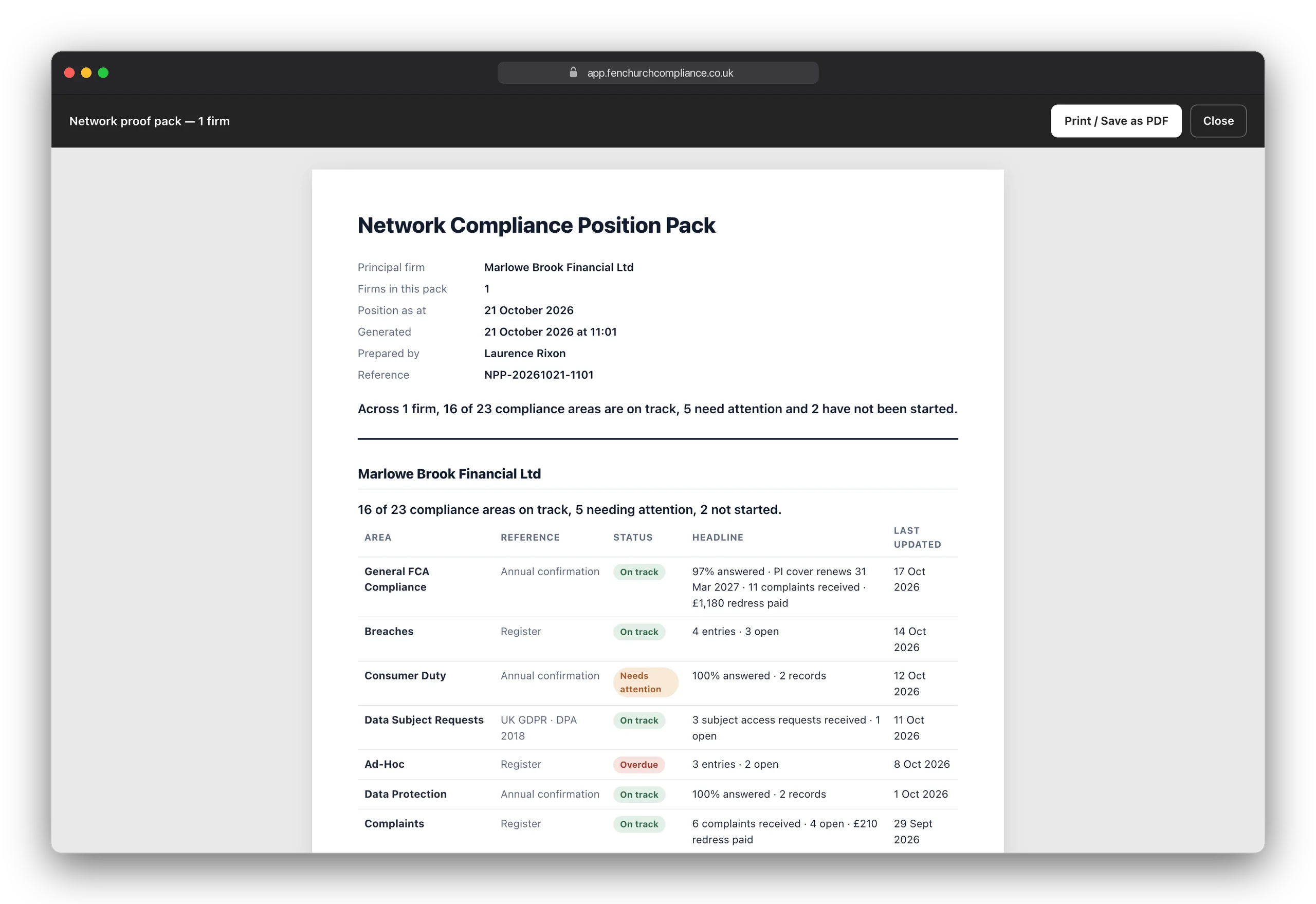 Proof pack: a dated evidence pack of the firm's position and the records behind it