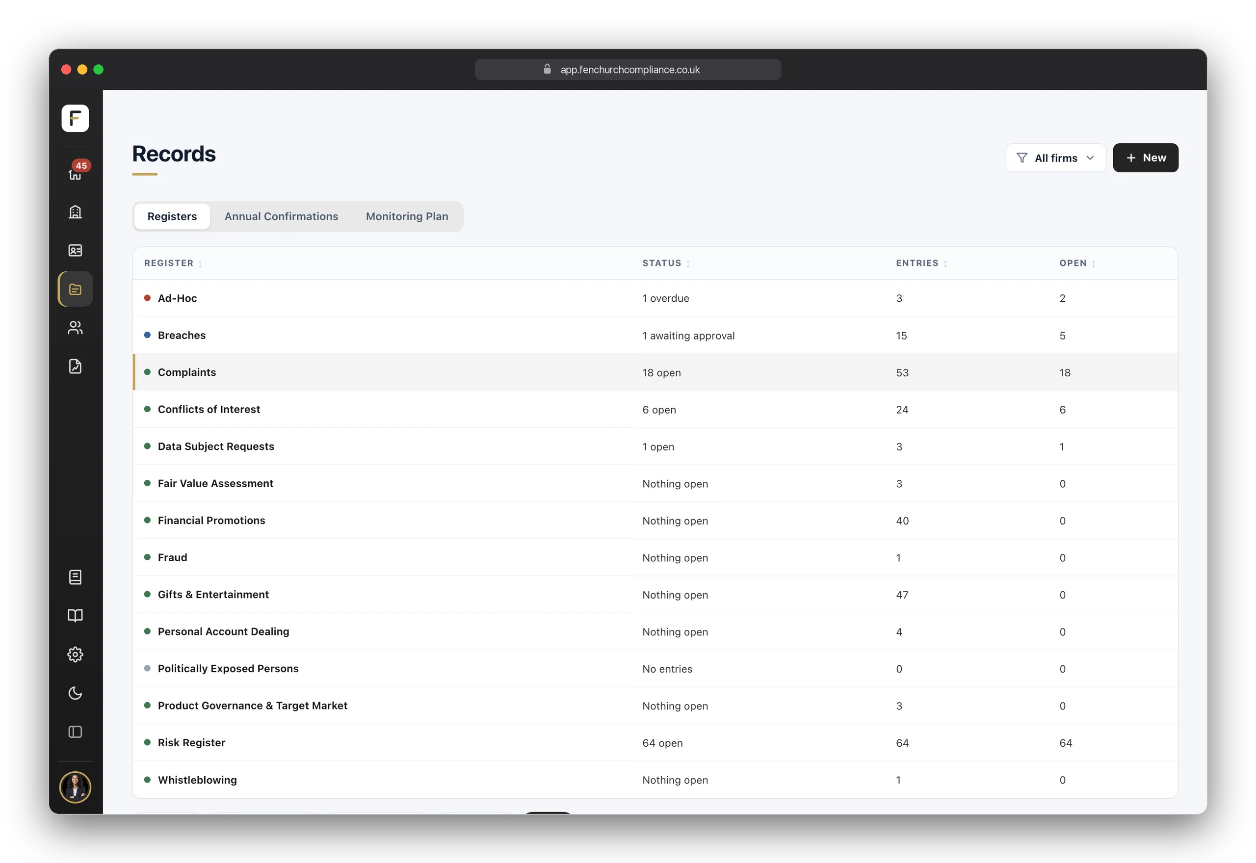Records: the firm's registers listed with their status, number of entries and open items