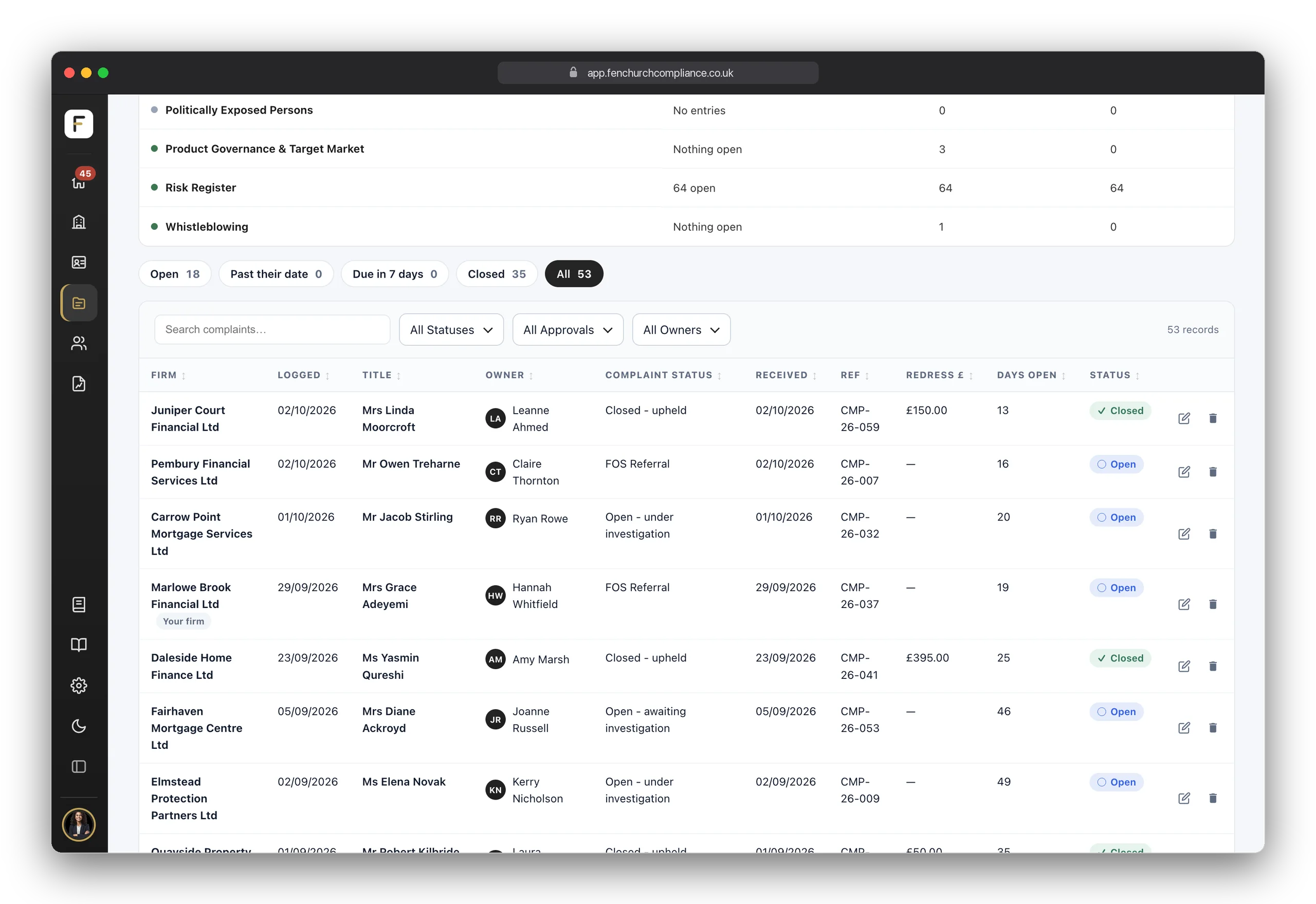 The Complaints register open in Records, listing its entries