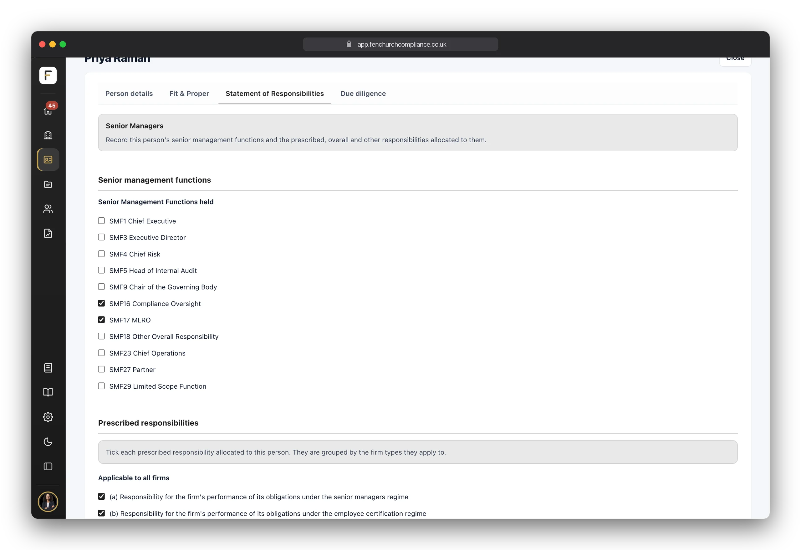 Statement of Responsibilities — senior management functions held and prescribed responsibilities allocated, per person