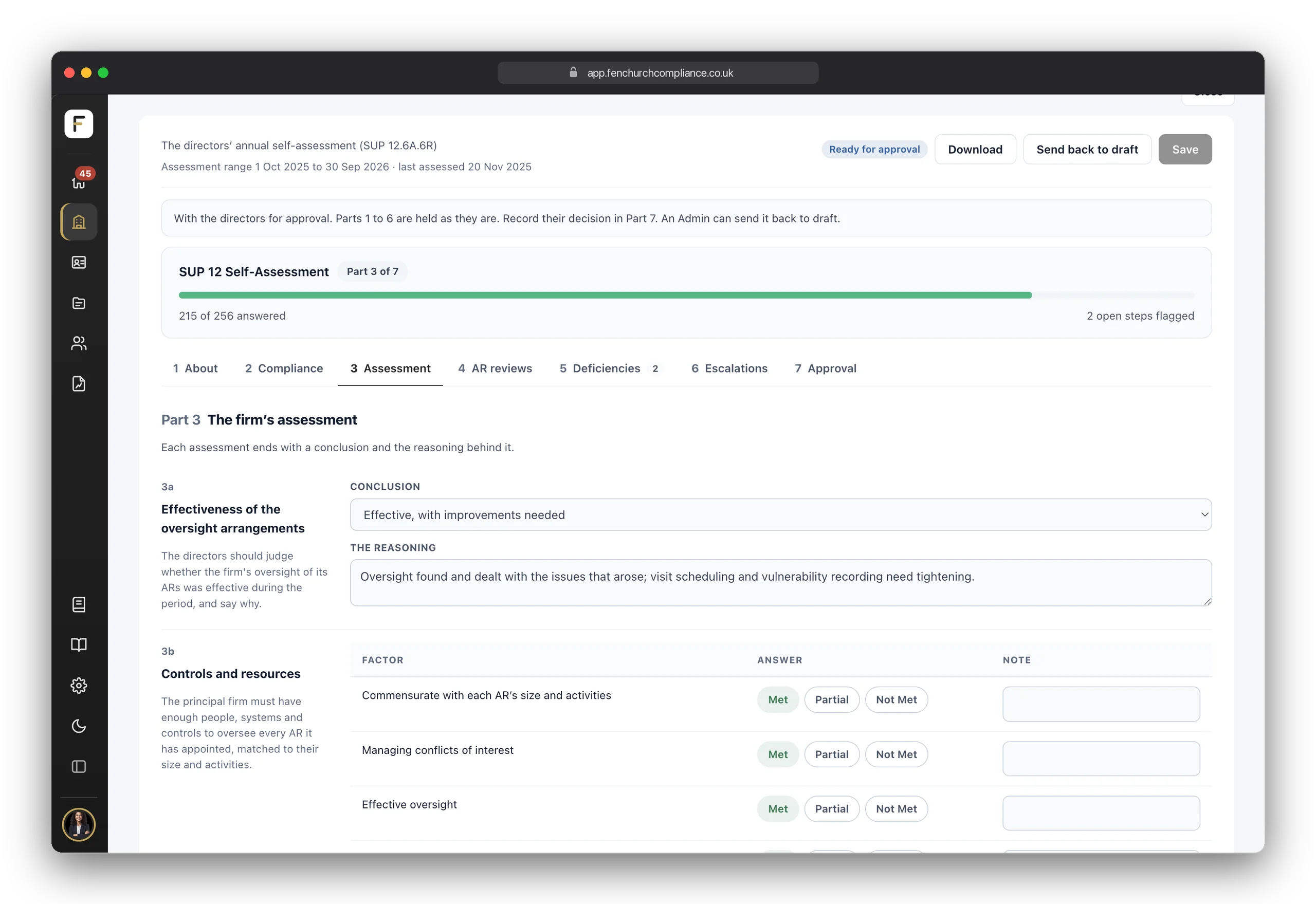 Part 3 of the SUP 12 Self-Assessment: the firm's assessment of its oversight, controls and resources, each with a conclusion and the reasoning behind it