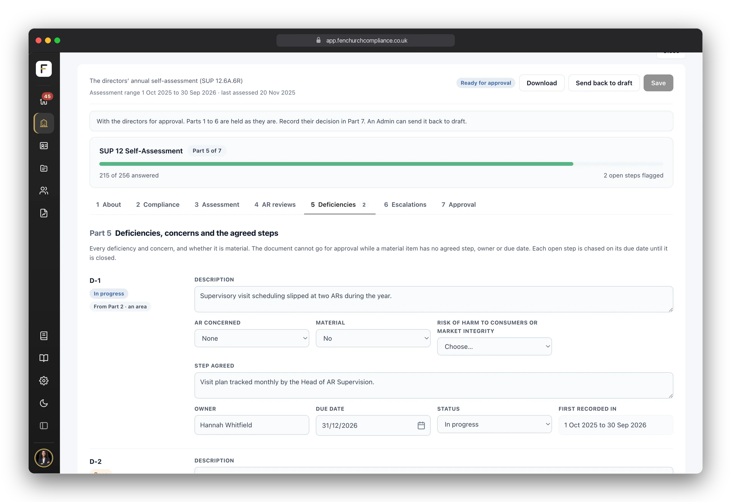Part 5 of the SUP 12 Self-Assessment: deficiencies and concerns, whether each is material, and the agreed step with its owner, due date and status