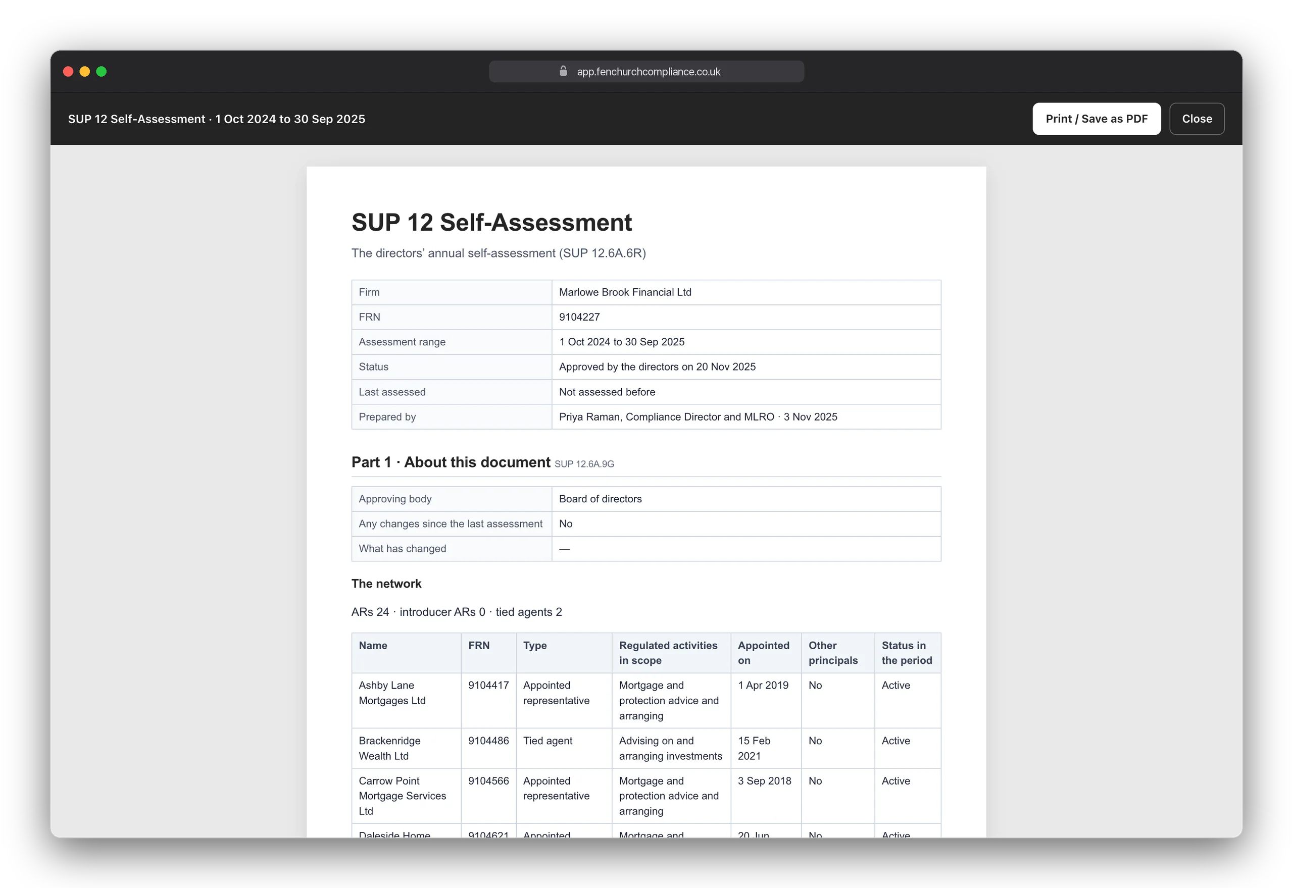 The approved SUP 12 Self-Assessment laid out as a paper for the firm's directors