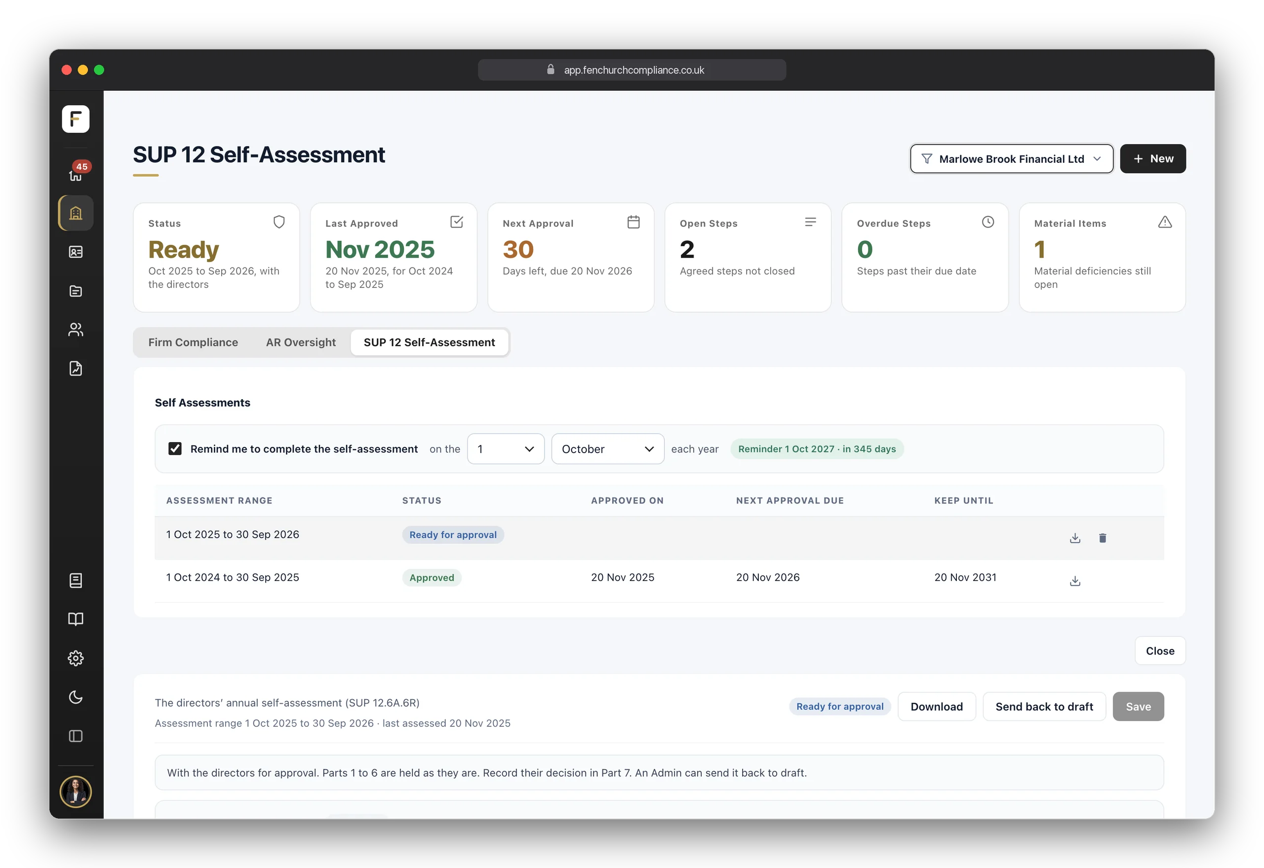 The SUP 12 Self-Assessment — its status, last approval, next approval, open steps, and each year's self-assessment