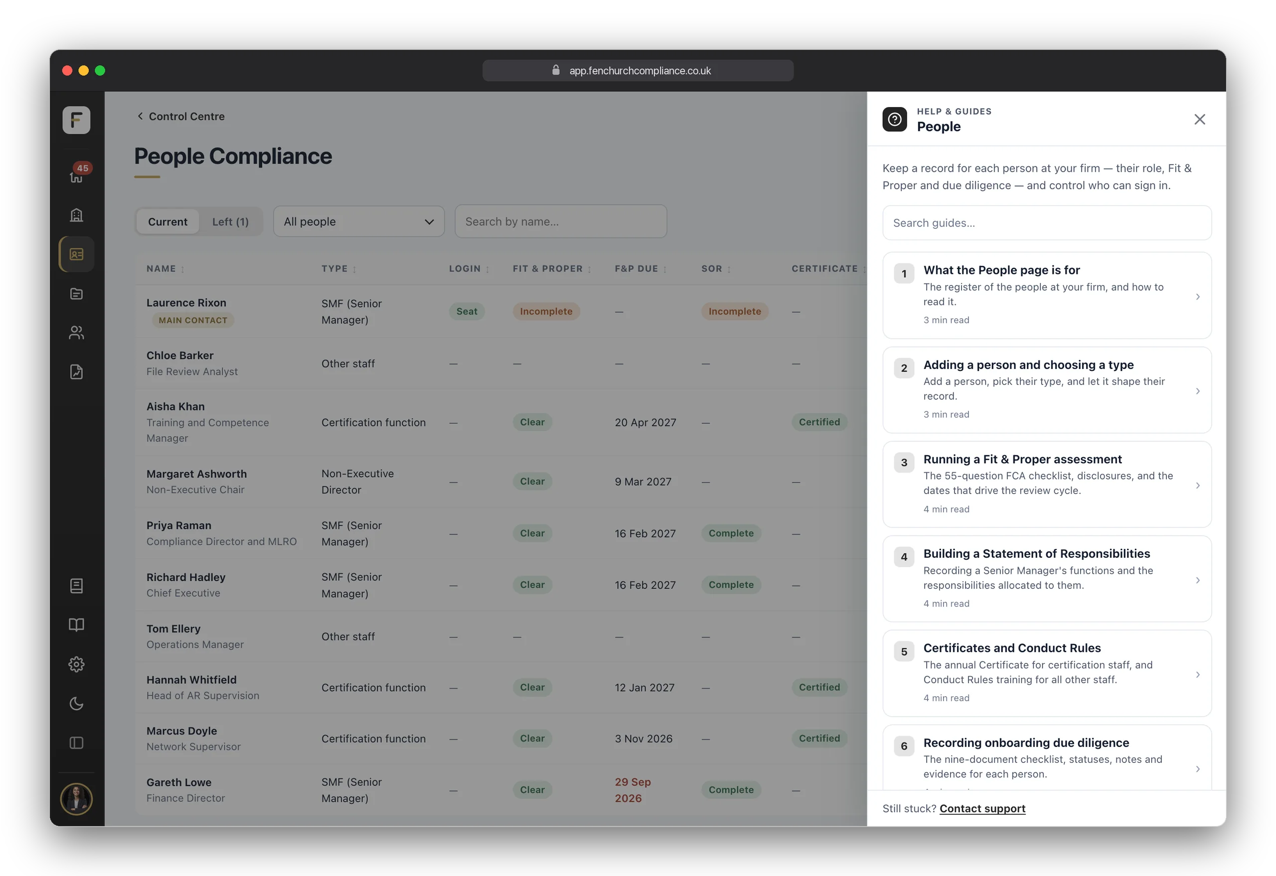The tutorials drawer open on a page — short, plain-English guides for that screen
